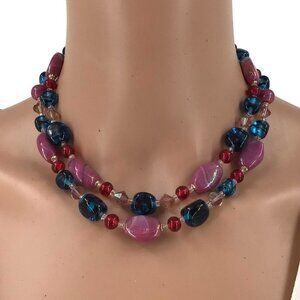 JAPAN Glass Beaded Double Strand Necklace Blue Purple Red Pink Adjustable Length